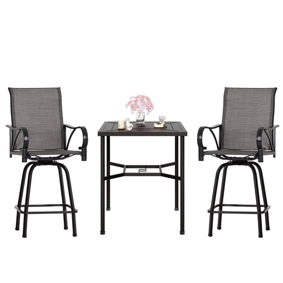 Summit Living 3 Pieces Outdoor Swivel Bar Stool Bistro Set with 2 Patio High-Back Metal Height Chairs&1 Bistro Bar Table,Black & Grey