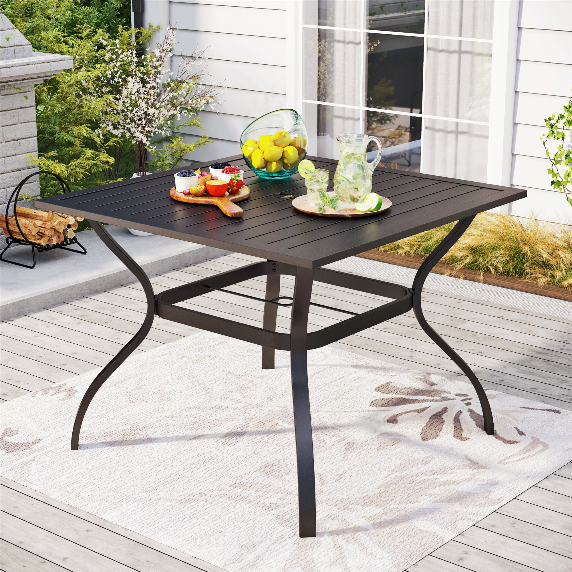 Summit Living 37 Outdoor Patio Metal Square Dining Table with Umbrella Hole for 4 Person Black