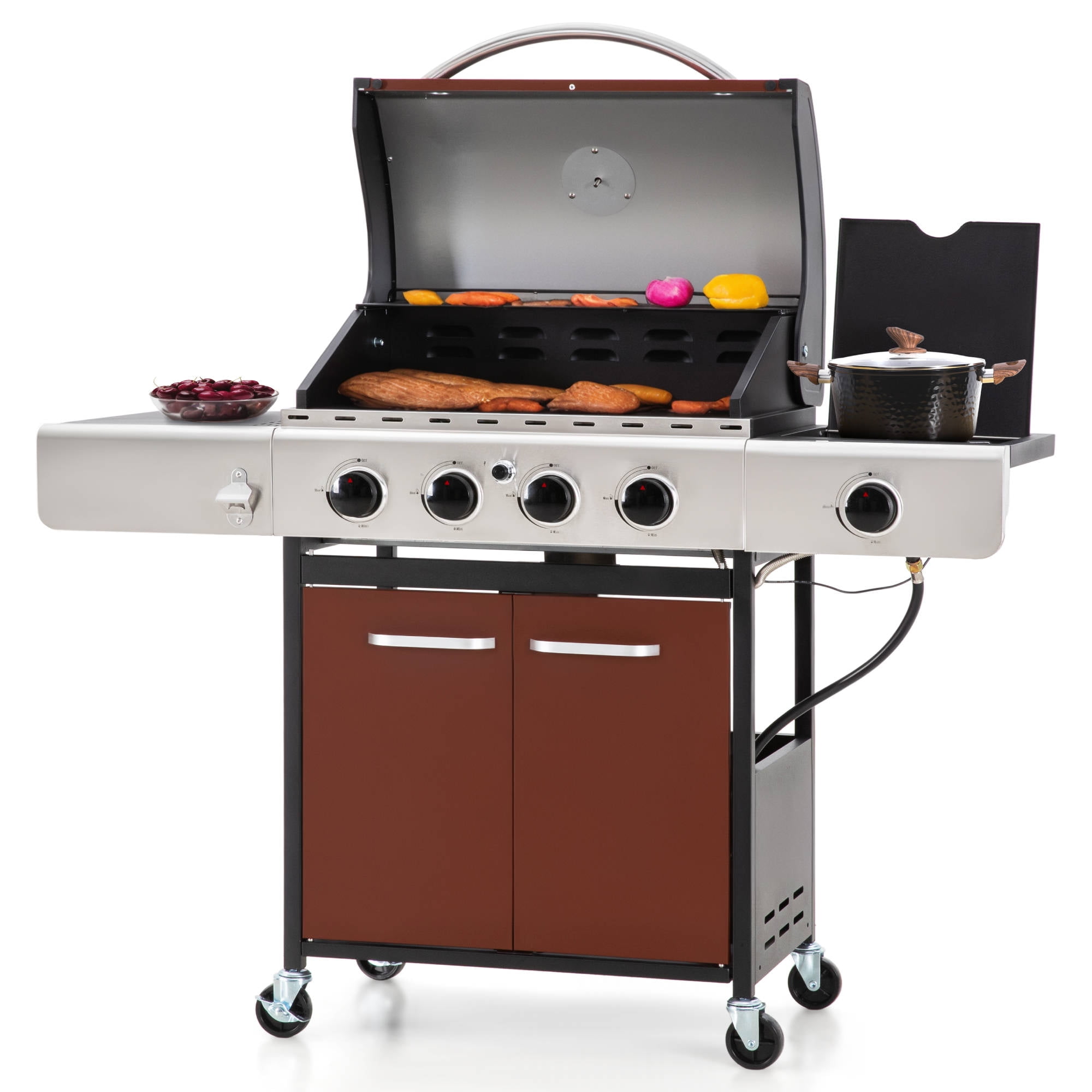 Coleman BBQ 4-Burner, 45K BTU, Side Burner, Storage Shelves