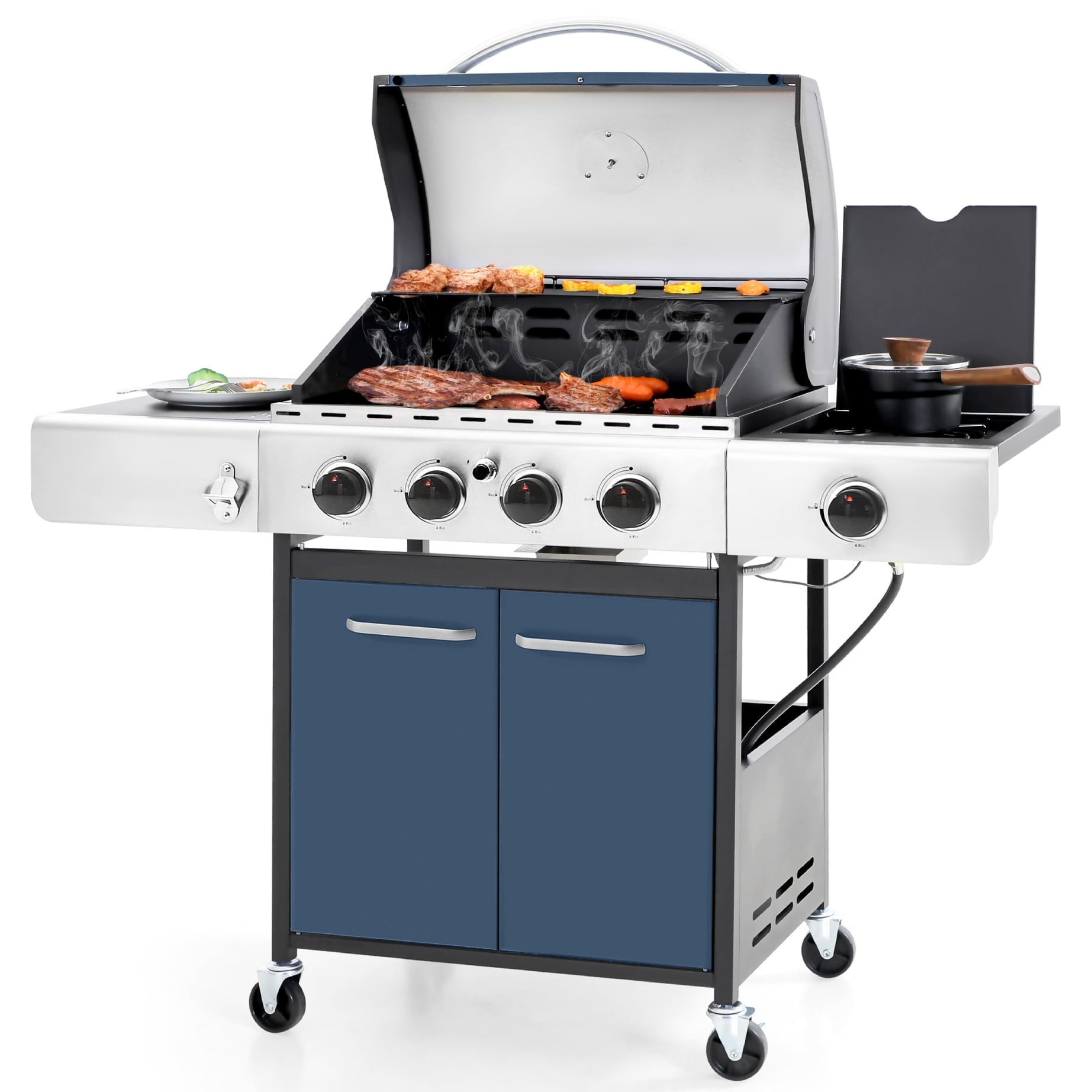 PHI VILLA 4 Burner Propane Gas Grill with Side Burner Stainless Steel BBQ Grill, Blue