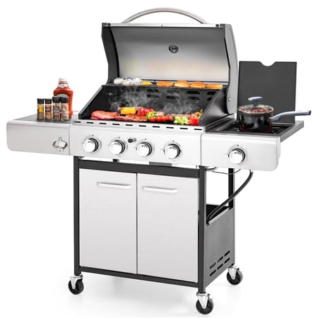 MF Studio 4-Burner Propane Gas Grill with Side Burner - Stainless Steel, Porcelain Grates, 542 sq. in., 42,000 BTU, for Outdoor BBQ Cookouts