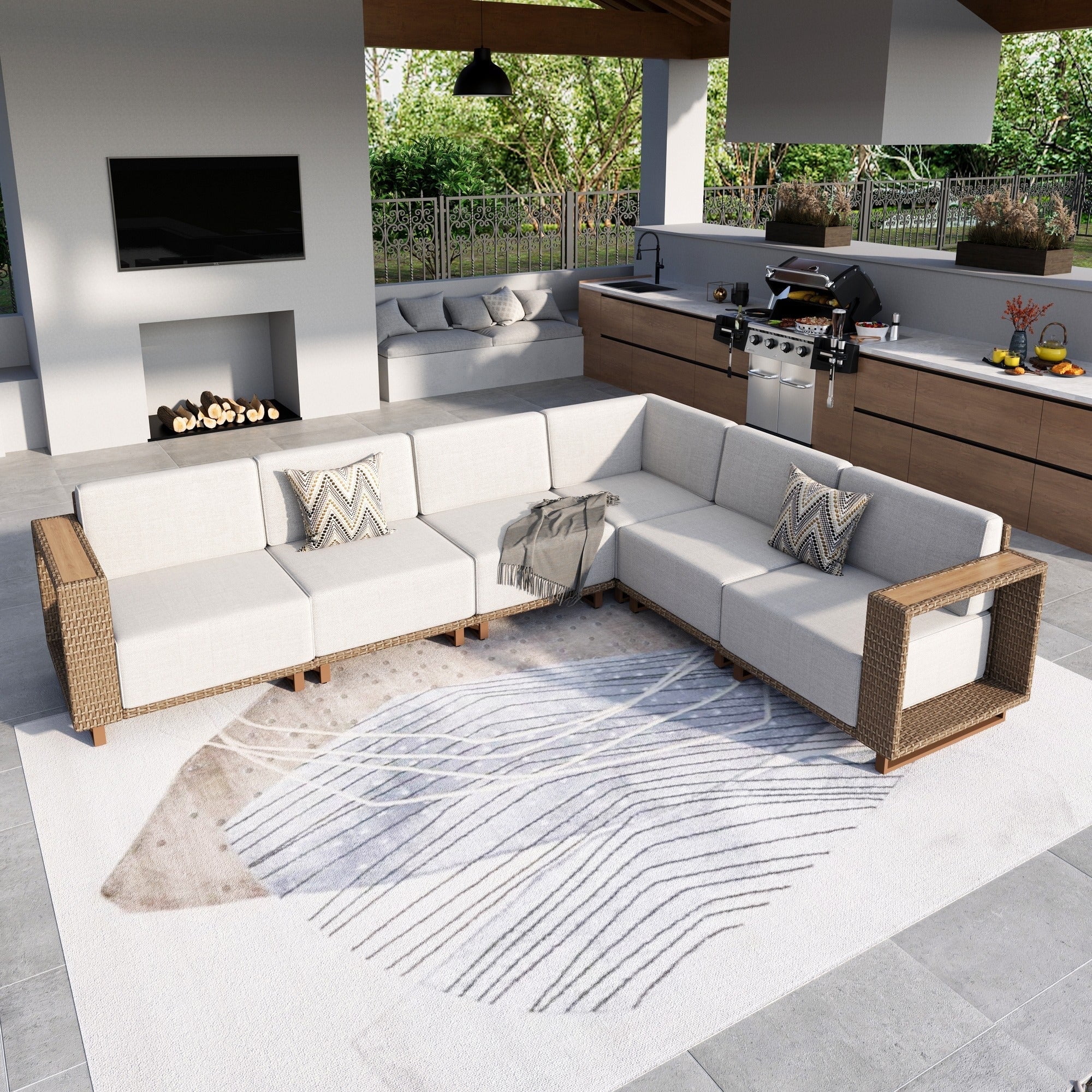 MF Studio 4-Piece Outdoor Conversation Set for 6, Wicker Patio Furniture Set, L Shaped Sectional Sofa for Porch, Beige