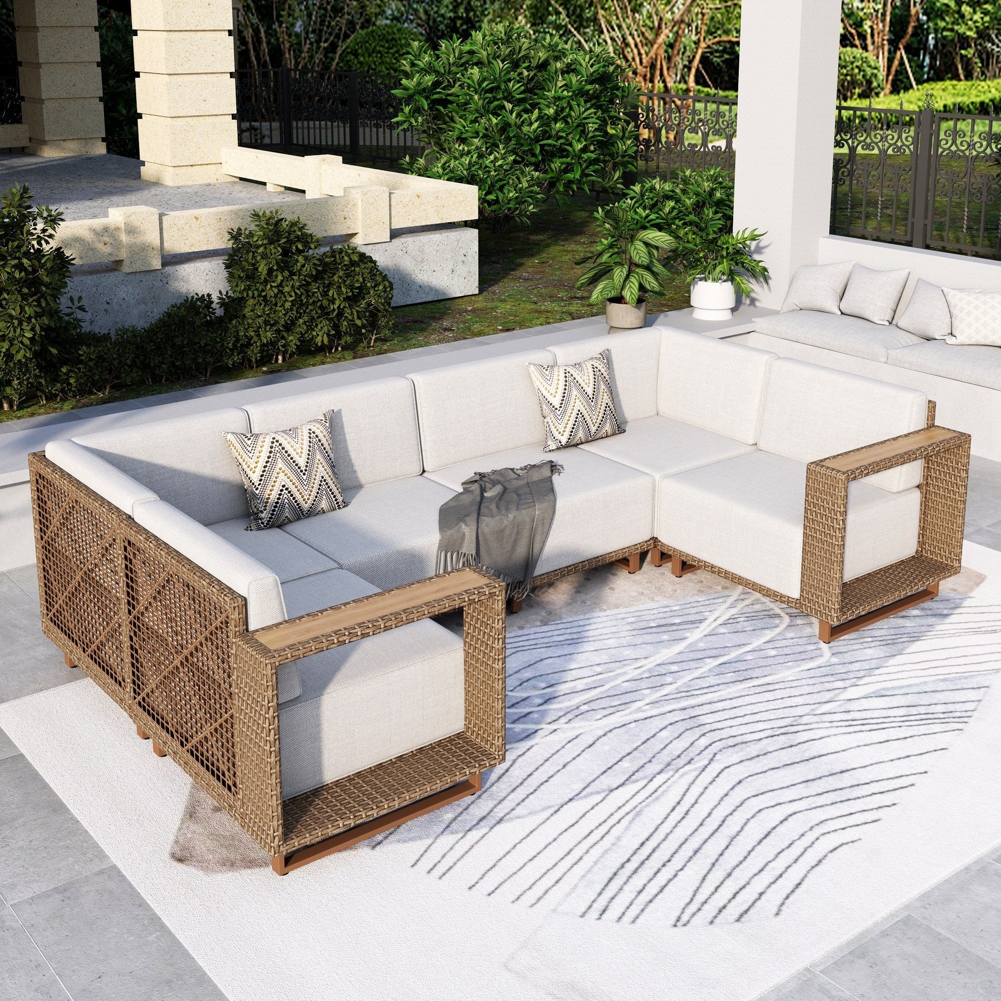 MF Studio 4-Piece Outdoor Conversation Set for 6, Wicker Patio Furniture Set, U Shaped Sectional Sofa for Porch, Beige