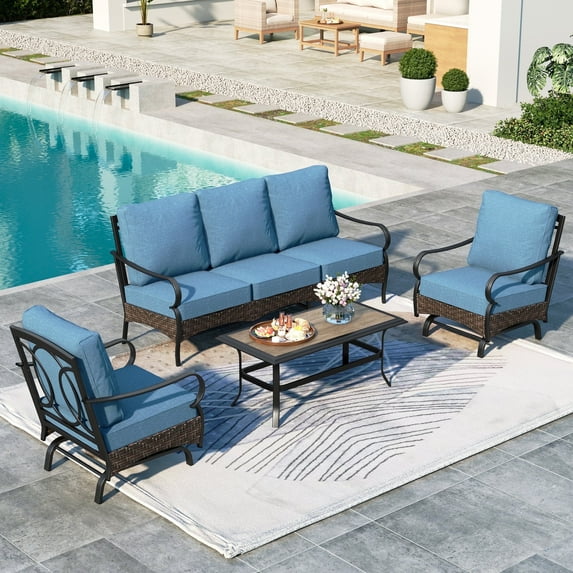 Summit Living 4-Piece Outdoor Patio Conversation Set with Rocking Chair, Outdoor Patio Furniture Set with Wood-look Coffee Table for 5 People, Navy Blue