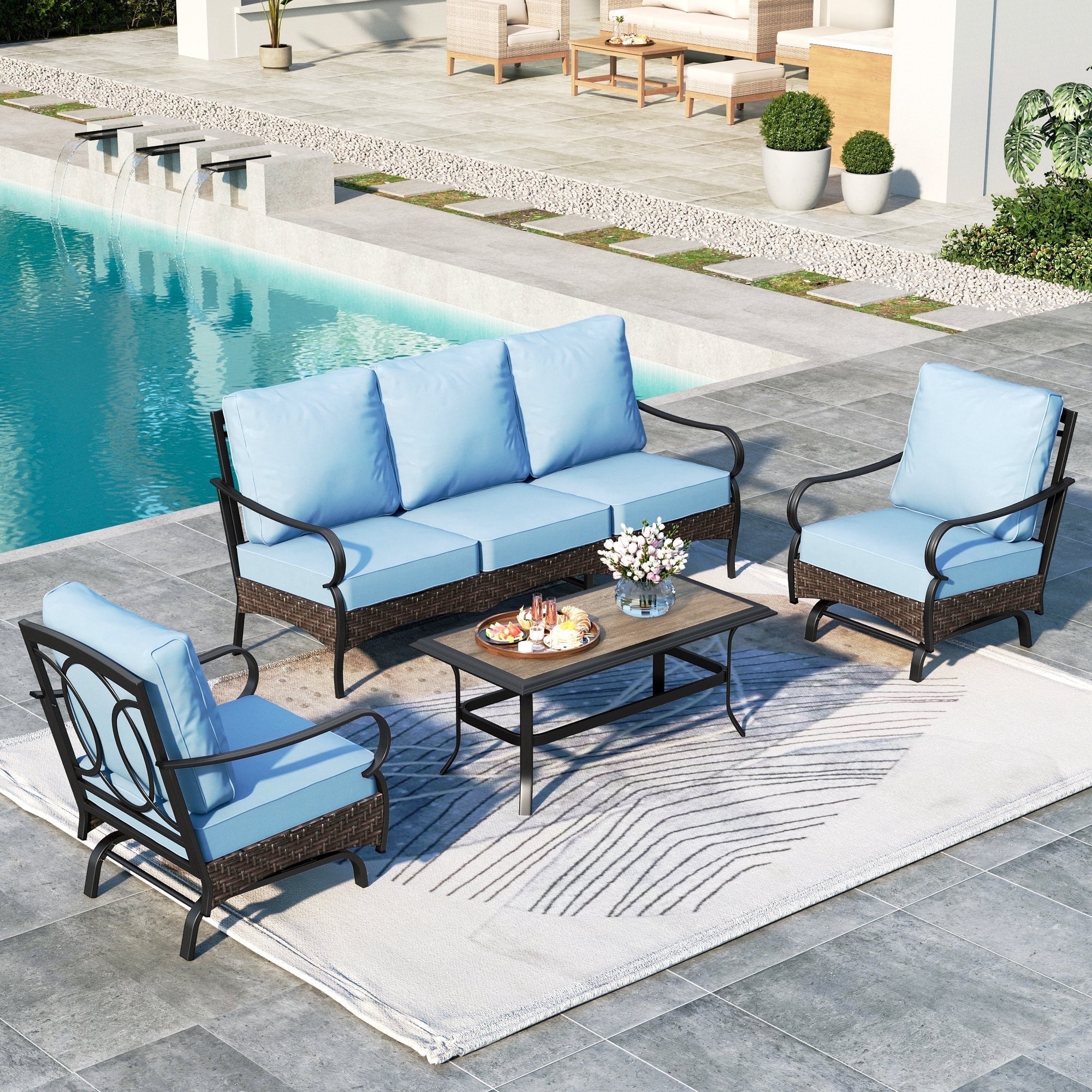 SUMMIT LIVING 4-Piece Outdoor Patio Furniture Set with Rocking Chairs, Metal Outdoor Patio Conversation Set with Wood-Grain Coffee Table for 5 People, Blue