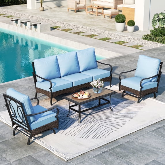 SUMMIT LIVING 4-Piece Outdoor Patio Furniture Set with Rocking Chairs, Metal Outdoor Patio Conversation Set with Wood-Grain Coffee Table for 5 People, Blue