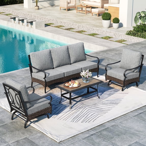 SUMMIT LIVING 4-Piece Outdoor Patio Furniture Set with Rocking Chairs, Metal Outdoor Patio Conversation Set with Wood-Grain Coffee Table for 5 People, Gray