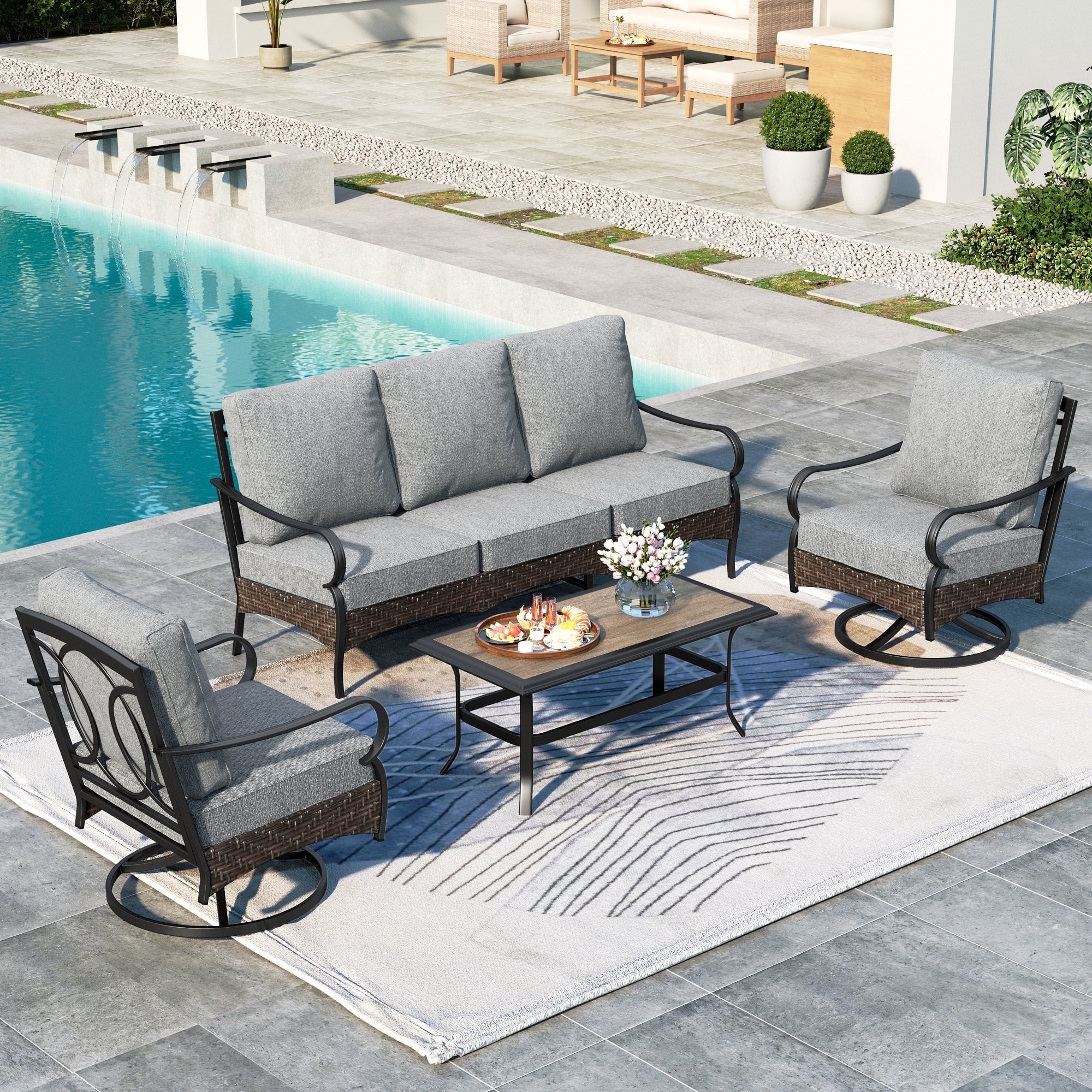 SUMMIT LIVING 4-Piece Outdoor Patio Conversation Set with Swivel Chairs, Outdoor Patio Furniture Set with Wood-look Coffee Table for 5 People, Gray