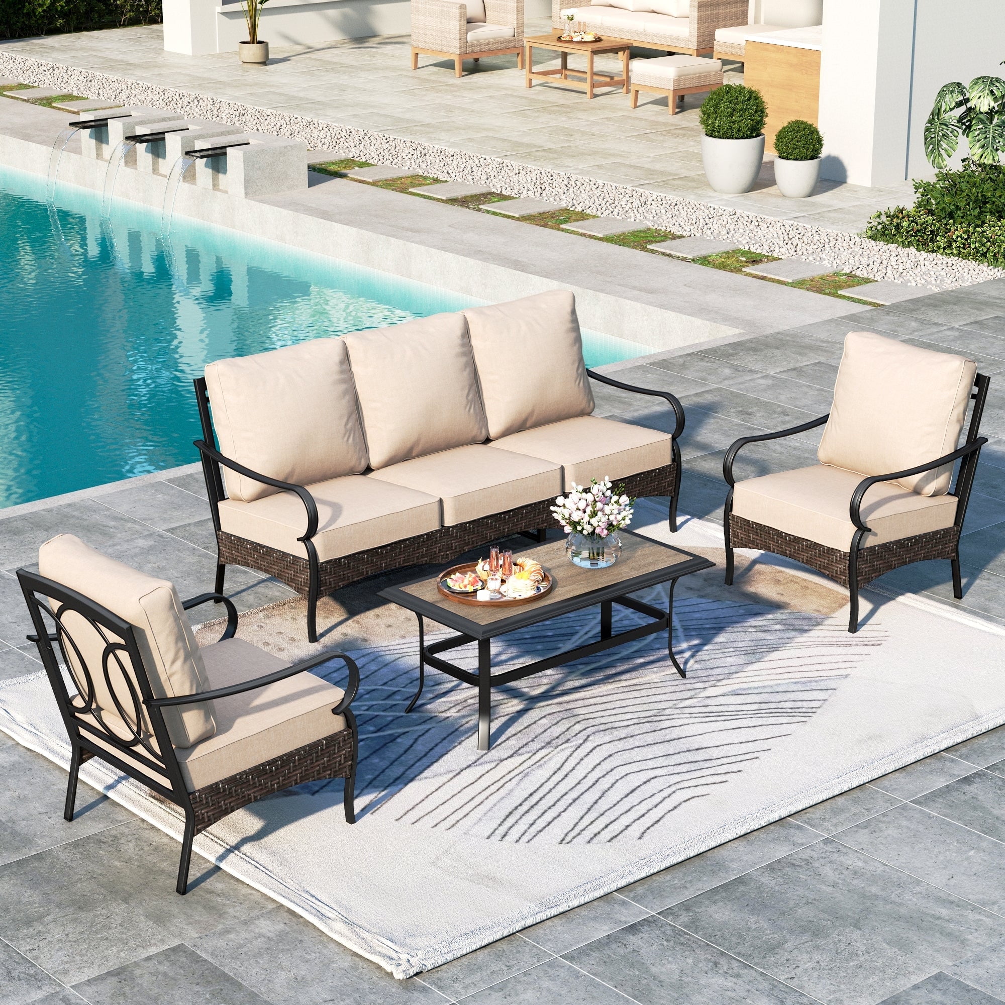 Summit Living 4-Piece Outdoor Patio Conversation Set with Wood-look Coffee Table, Outdoor Patio Furniture Set for 5 People, Beige
