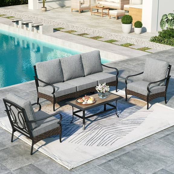 Summit Living 4-Piece Outdoor Patio Conversation Set with Wood-look Coffee Table, Outdoor Patio Furniture Set for 5 People, Gray