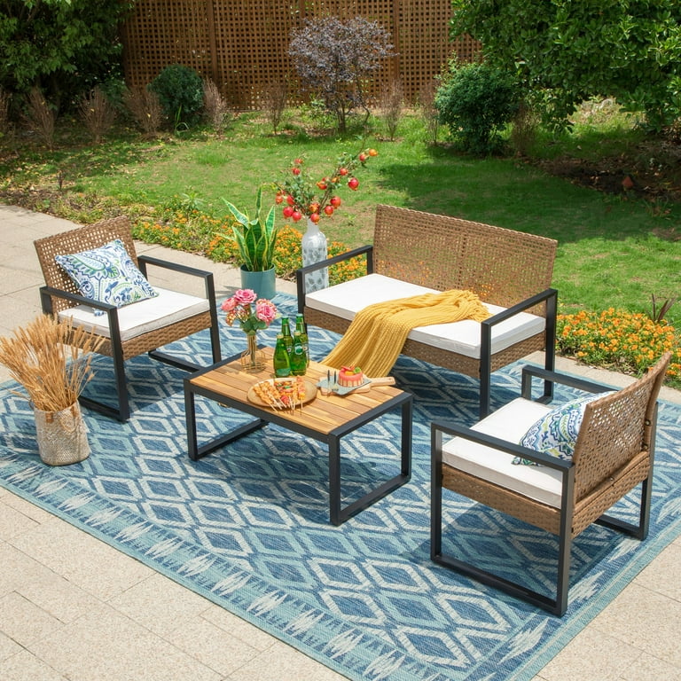 Summit Living 4 Piece Patio Conversation Set All Weather Wicker Furniture Brown Beige