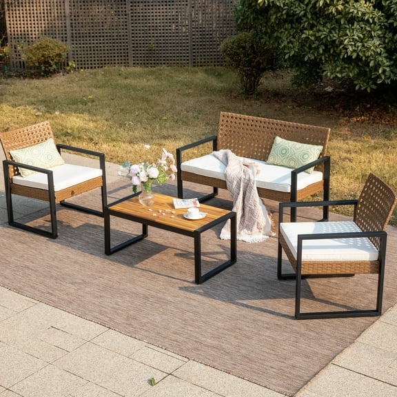 Summit Living 4-Piece Patio Conversation Set, All-Weather Wicker Outdoor Furniture Set, Brown & Beige