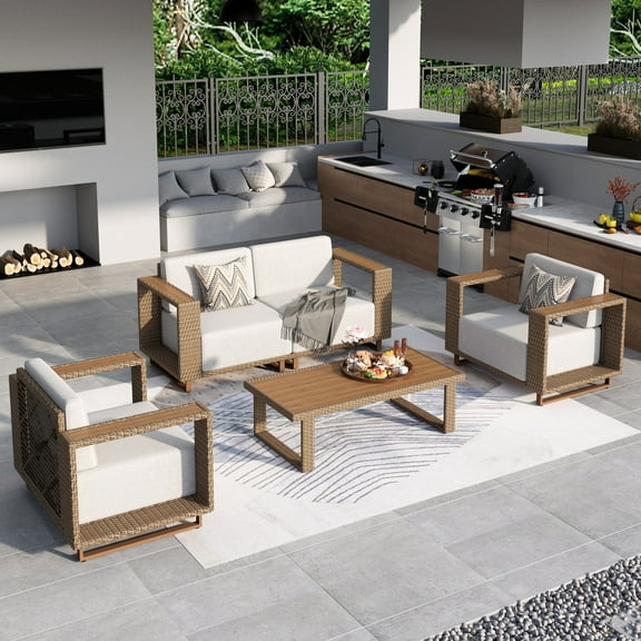 MF Studio 4-Piece Patio Furniture Set, Wicker Outdoor Conversation Set with Coffee Table, Patio Sofa with Thick Cushions, Beige