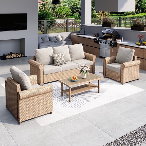 SUMMIT LIVING 4-Piece Wicker Patio Furniture Set, 5-Seat Outdoor Conversation Set with Double-Tier Coffee Table, Beige