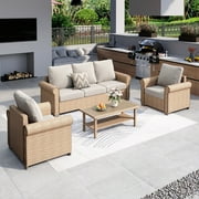 MF Studio 4-Piece Wicker Patio Furniture Set, 5-Seat Rattan Outdoor Furniture Set, Patio Conversation Set with Double-Tier Coffee Table, Beige