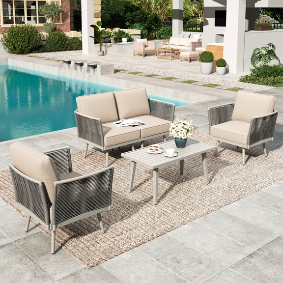 4 Pieces Wicker Patio Furniture Set with Detachable Armrests and Thick Cushions, 4 Seat Outdoor Conversation Set with Coffee Table, Cool Gray