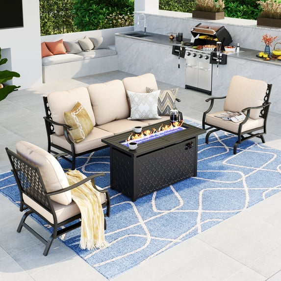 Summit Living 4 Pieces Patio Conversation Set with 45 inch Gas Fire Pit Table Outdoor Furniture Steel Sectional Sofa Set with Beige Cushions for 5 Person