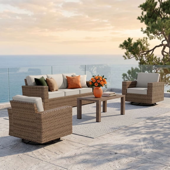 MF Studio 4 Pieces Patio Conversation Set Wicker Outdoor Furniture Sectional Sofa Set