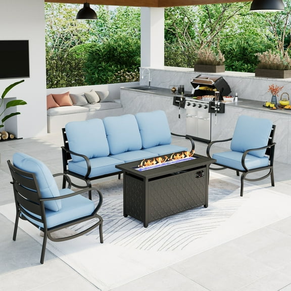 Summit Living 4 Pieces Patio Conversation Set with 45" Fire Pit Table Outdoor Furniture Steel Sectional Sofa for 5 Person, Beige Cushions