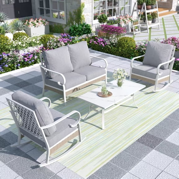 MF Studio 4-Seater Patio Conversation Set Metal Outdoor Furniture with Rocking Chair Sofa Gray