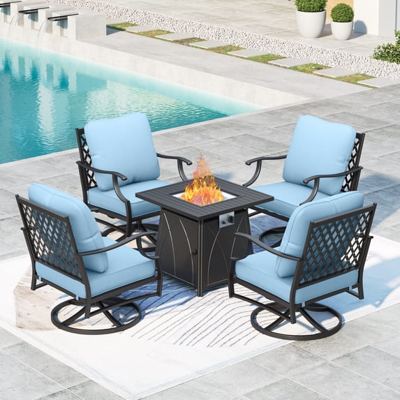 Summit Living 5 Pcs Outdoor Conversation Set with 28 inch Fire Pit Table, Patio Furniture Metal Sectional Sofa with Beige Cushions for 4 People