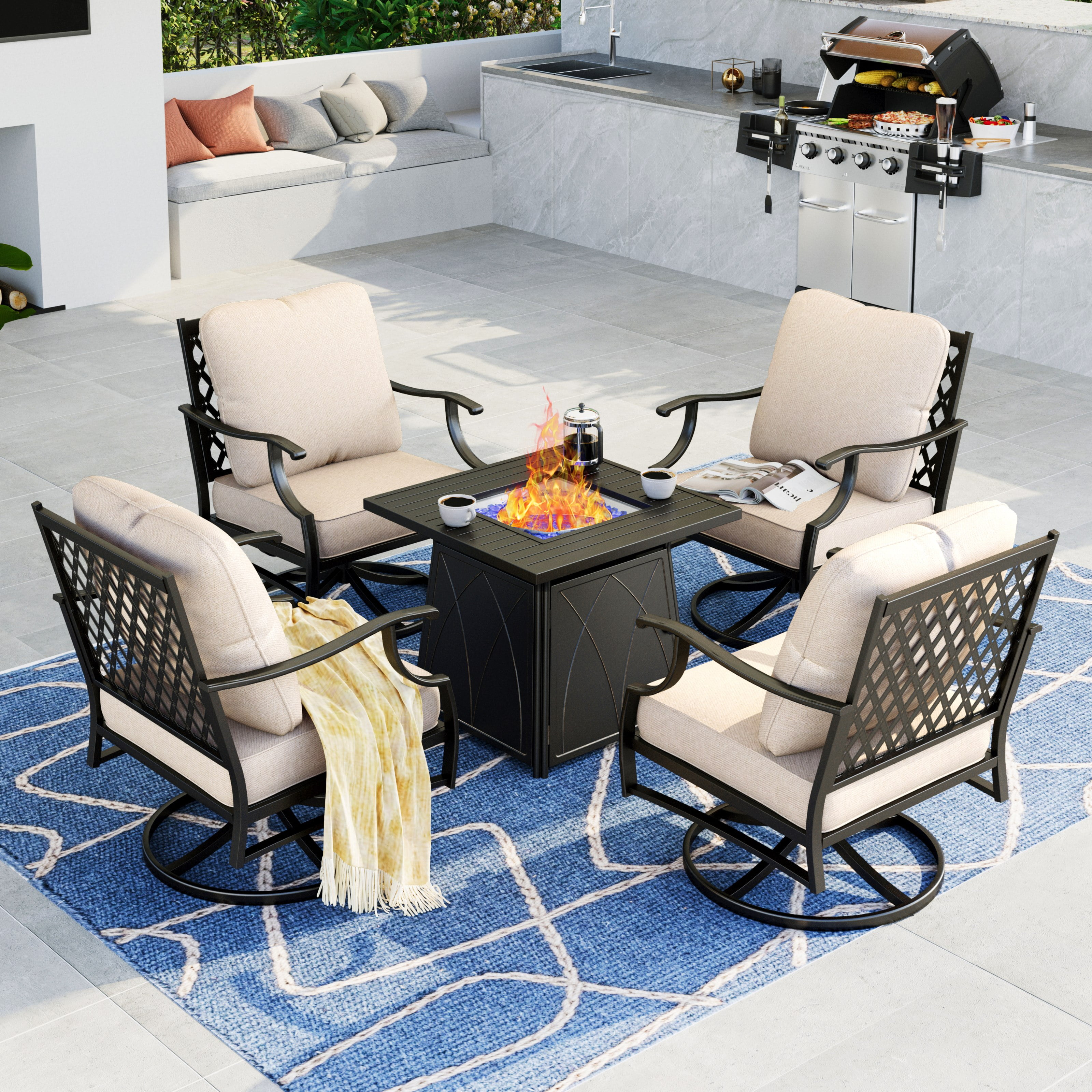 Summit Living 5 Pcs Outdoor Conversation Set with 28 inch Square Fire Pit Table Patio Furniture Metal Sofa with Beige Cushions for 4 People