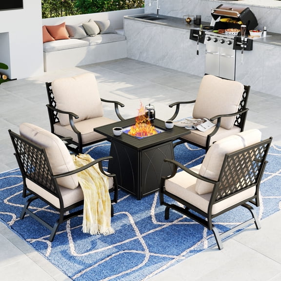Summit Living 5 Pcs Outdoor Conversation Set with 28 inch Square Fire Pit Table, Patio Furniture Metal Sofa with Beige Cushions for 4 People