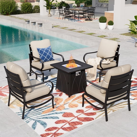 Summit Living 5 Pcs Outdoor Furniture with 28" Fire Pit Table Metal Patio Conversation Set for 4 People, Beige Cushion