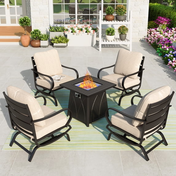 Summit Living 5 Pcs Outdoor Furniture with 28" Fire Pit Table Metal Patio Conversation Set for 4 People, Beige Cushion