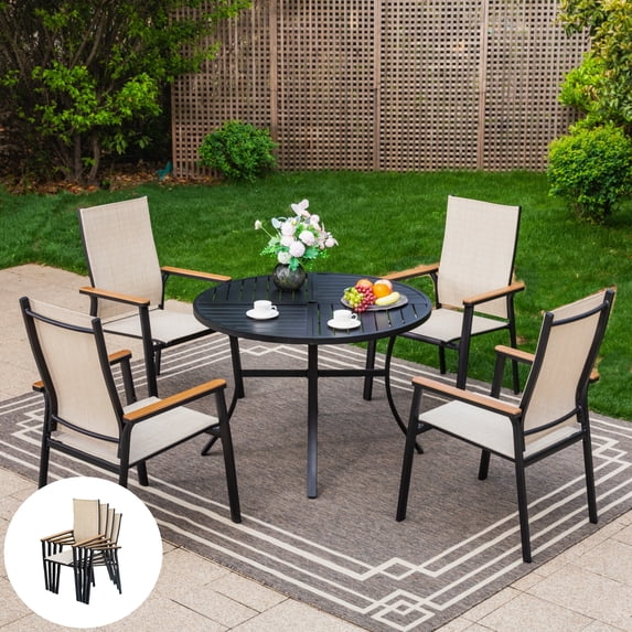 SUMMIT LIVING 5-Piece Outdoor Patio Dining Set, 42" Round Patio Table with Umbrella Hole and Textilene Stackable Aluminum Chairs, Beige