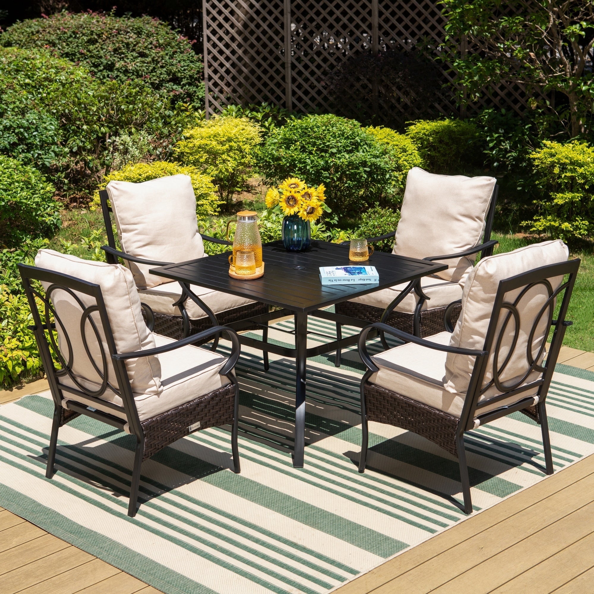 MF Studio 5-Piece Metal Outdoor Dining Sets with Chairs and Square Outdoor Table, Black/Beige