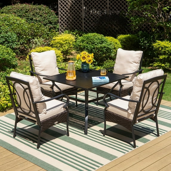 Summit Living 5-Piece Metal Outdoor Dining Sets with Chairs and Square Outdoor Table, Black/Beige