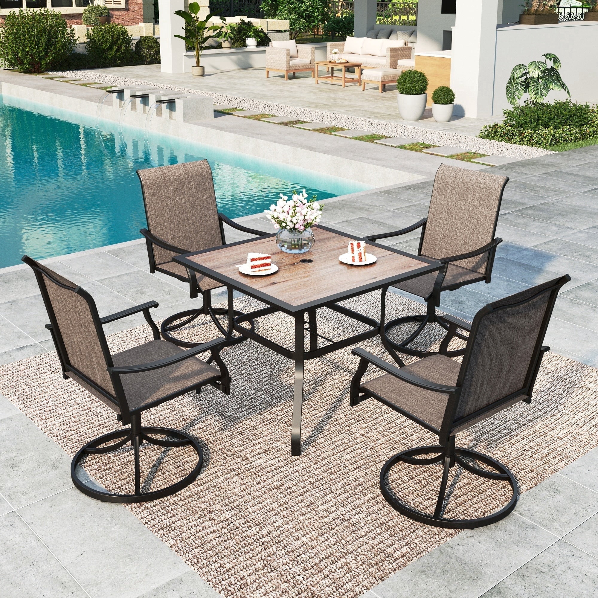SUMMIT LIVING 5-Piece Outdoor Patio Dining Set, Square Wood-Look Patio Table and Swivel Textilene Chairs, Patio Sets for 4 People, Grayish-brown