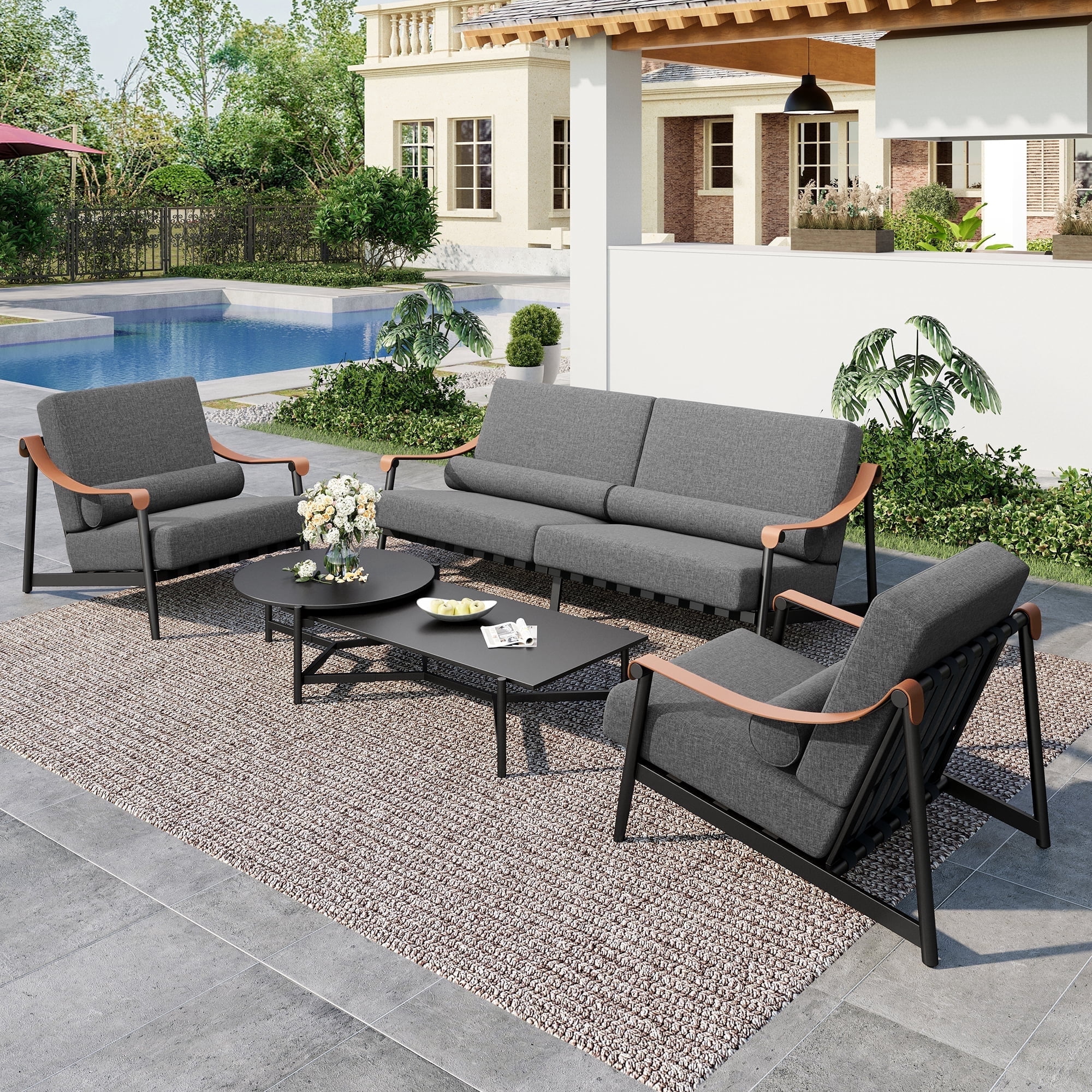 SUMMIT LIVING 5-Piece Metal Outdoor Furniture Sets with 2 Coffee Tables, Sectional Patio Conversation Set with 6.3" Extra Thick Cushions, Dark Gray