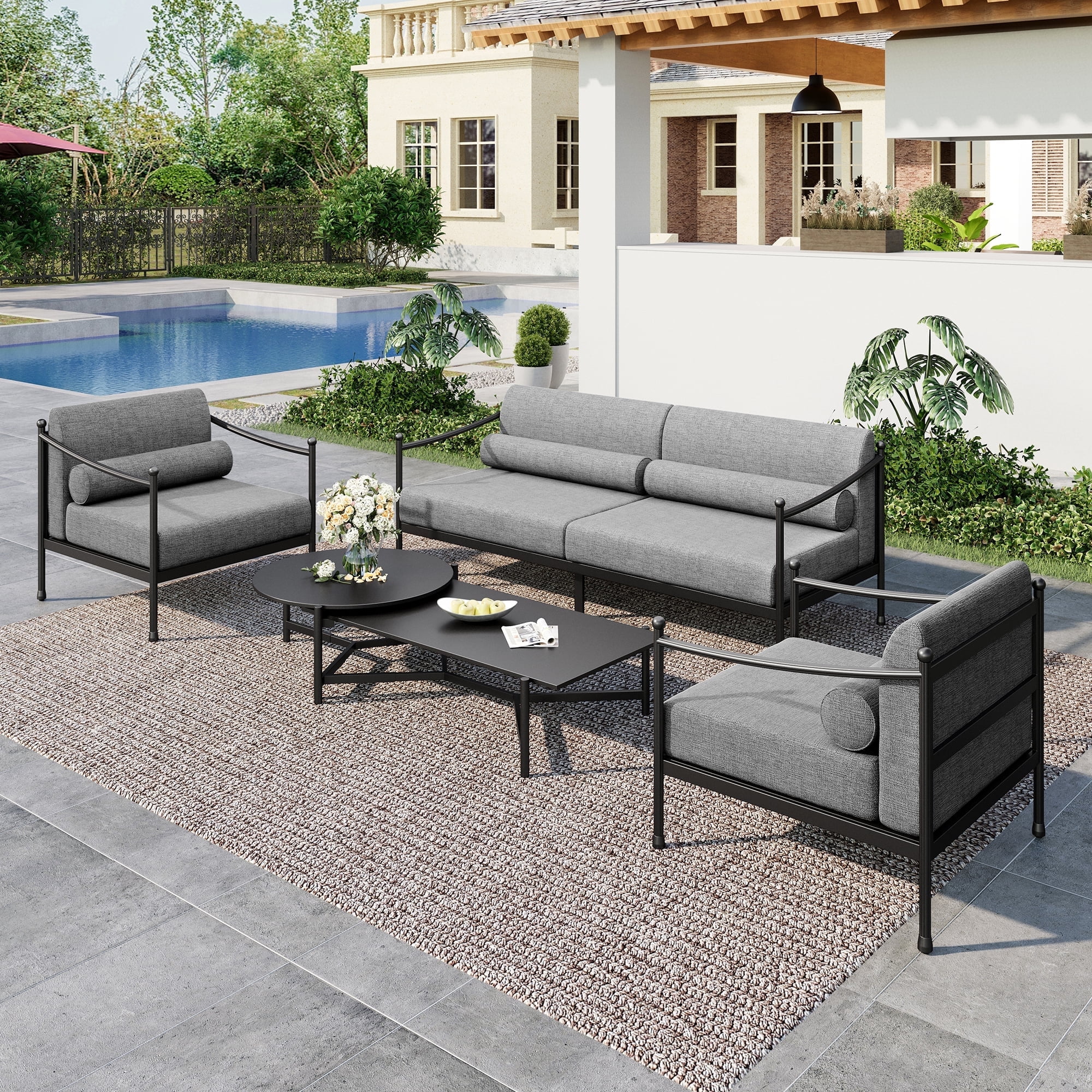 Walmart discount codes: MF Studio 5-Piece Metal Patio Conversation Set with 2 Coffee Tables, Sectional Outdoor Furniture set with 7.1" Extra Thick Cushions for Balcony, Garden, Deck, Poolside, Gray