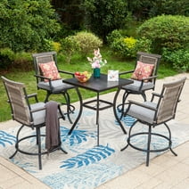 Summit Living 5-Piece Outdoor Bar Stool Set with High-Back Wicker Cushioned Swivel Chairs & Counter Height Patio Dining Table, Black & Gray