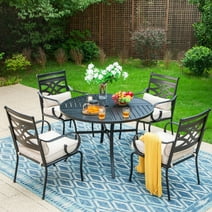 Summit Living 5-Piece Outdoor Patio Dining Set, 4 Metal Dining Chairs with Cushion & Round Table, Black & Beige