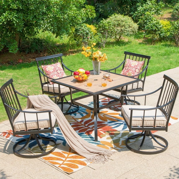5-Piece Outdoor Patio Dining Set with Swivel Chairs, All-Weather Metal Steel Furniture with Cushions, Black & Beige