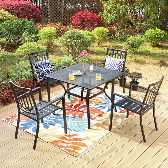 5-Piece Outdoor Patio Dining Set, All-Weather Metal Furniture with Stack-able Chairs & Mesh Top Table, Black