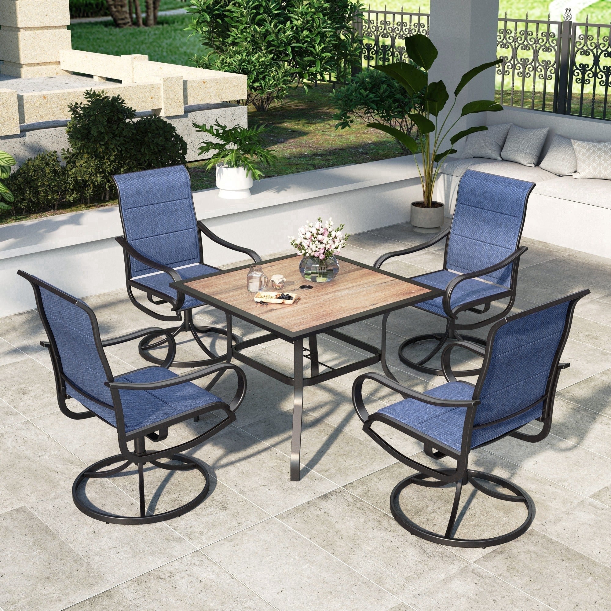 SUMMIT LIVING 5-Piece Outdoor Dining Set with High-Back Padded Swivel Chairs for 4 and Wood-Like Square Table for Patio