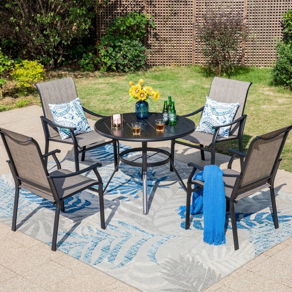 SUMMIT LIVING 5-Piece Outdoor Patio Dining Set with High-Back Textilene Chairs with & Round Table with Umbrella Hole, Black & Gray-Brown