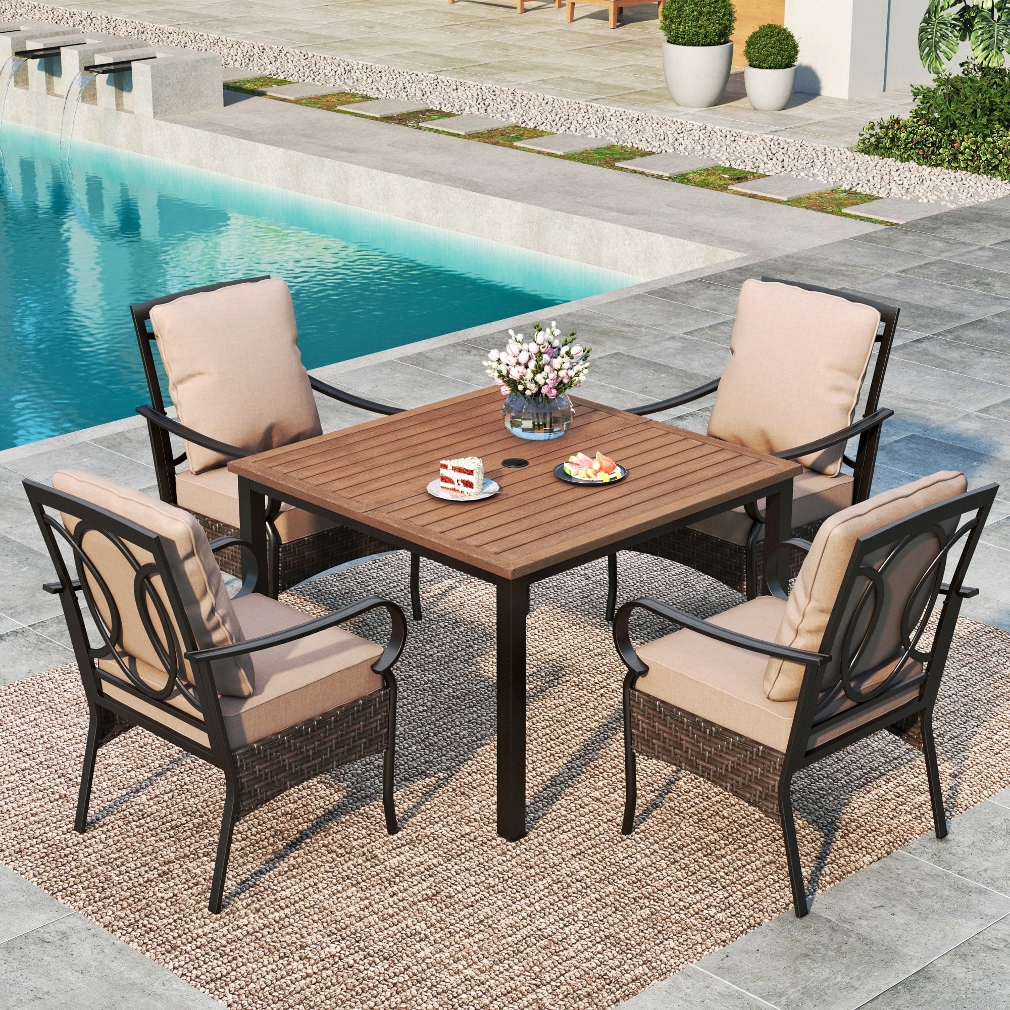 MF Studio 5-Piece Outdoor Dining Set with Wicker Cushioned Chairs & Wood Grain Table, 1.9" Umbrella Hole, Black & Beige