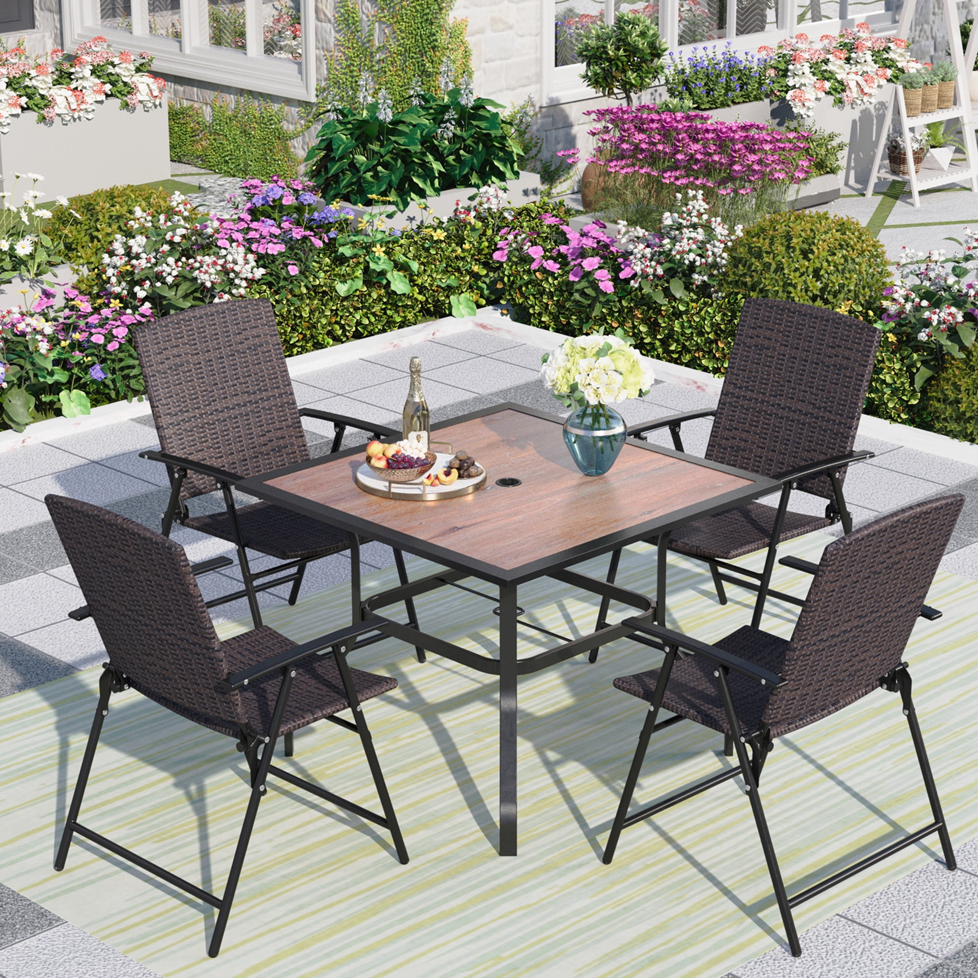 Summit Living 5 Piece Outdoor Dining Set with Wicker Folding Chairs Square Table for 4 Person Black Brown