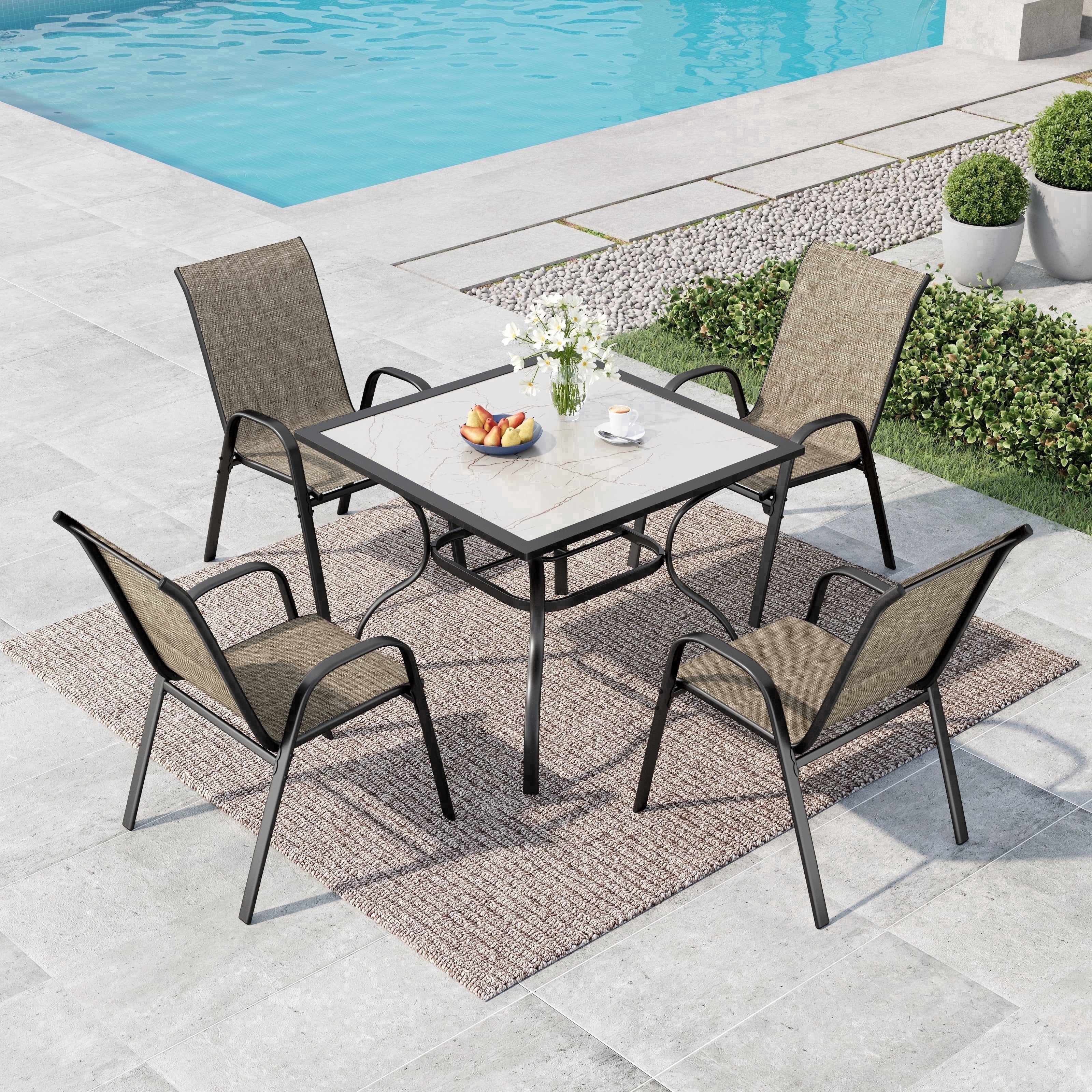 SUMMIT LIVING 5-Piece Outdoor Patio Dining Set, 4 Stackable Textilene Chairs (Weight Capacity 350 lbs) and Metal Square Table with Marble Tabletop, Black & Grayish-brown
