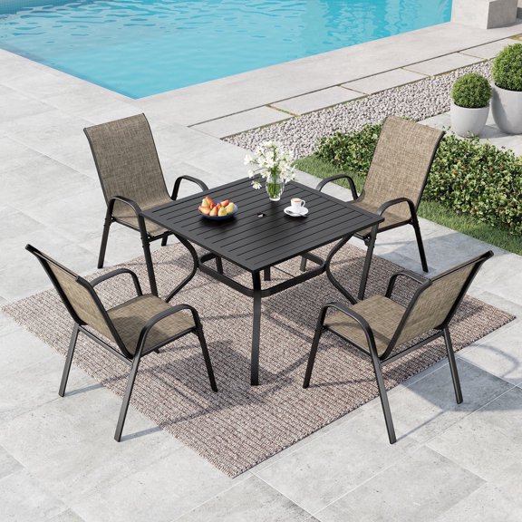 Summit Living 5-Piece Outdoor Patio Dining Set, 4 Stackable Textilene Chairs (Weight Capacity 350 lbs) and Metal Square Table with Umbrella Hole, Black & Grayish-brown
