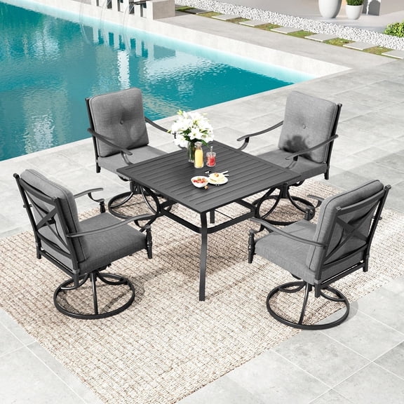 Summit Living 5-Piece Outdoor Patio Dining Set, Square Patio Table and Swivel Cushioned Chairs for 4, Black & Gray