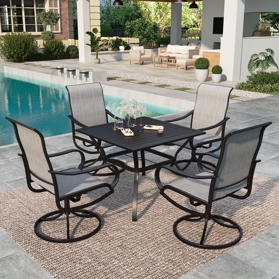 SUMMIT LIVING 5-Piece Outdoor Patio Dining Set, Patio Swivel Textilene Chairs & 37" Metal Table with Umbrella Hole, Black & Light Gray
