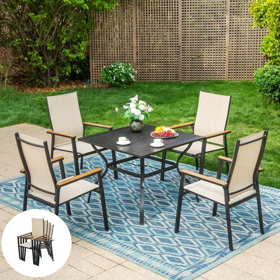 Summit Living 5-Piece Outdoor Patio Dining Set with 4 Stackable Beige Aluminum Armchairs & 1 Black Metal Steel Table with Umbrella Hole