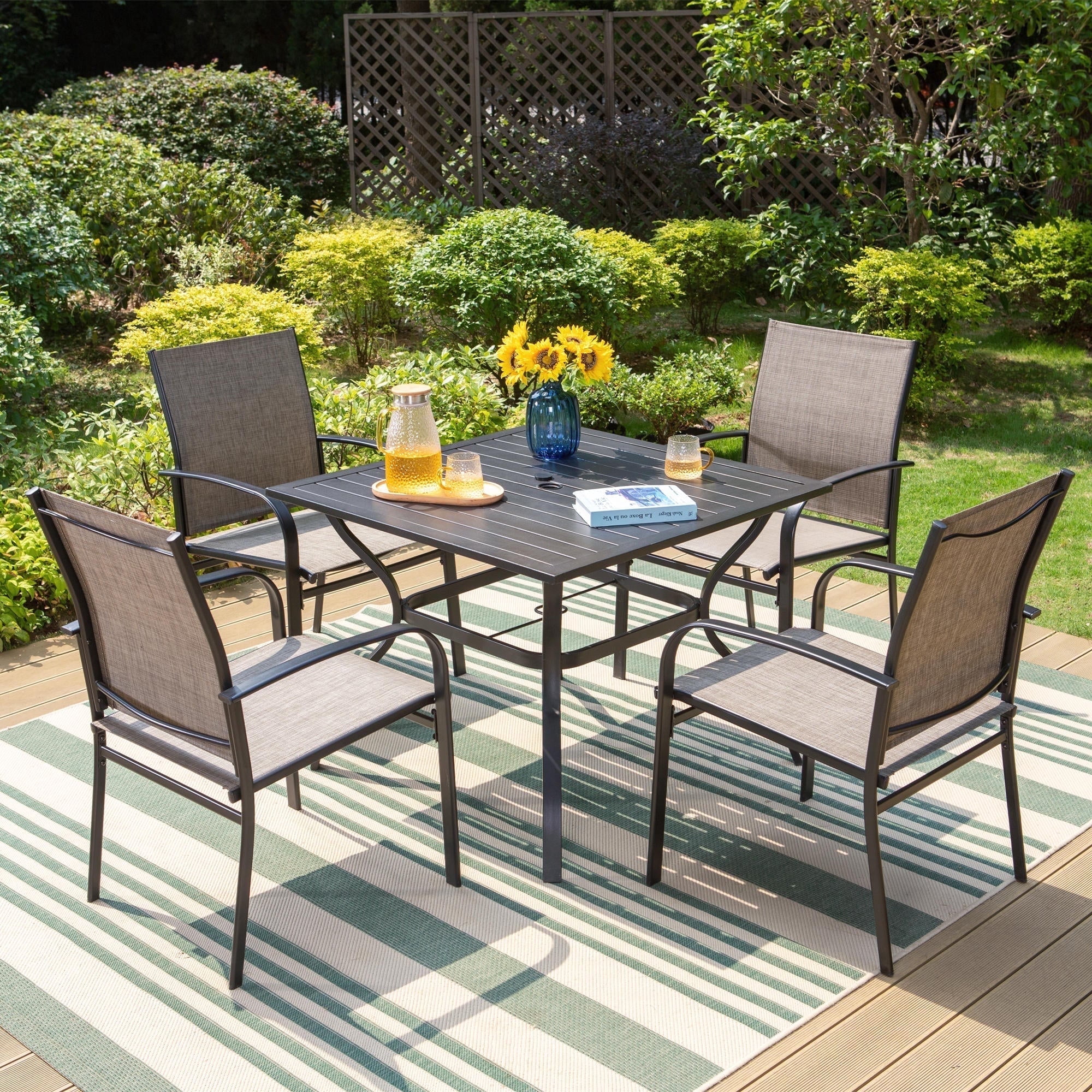 SUMMIT LIVING 5-Piece Outdoor Patio Dining Set with 4 Textilene Chairs & 1 Table, Black & Brown