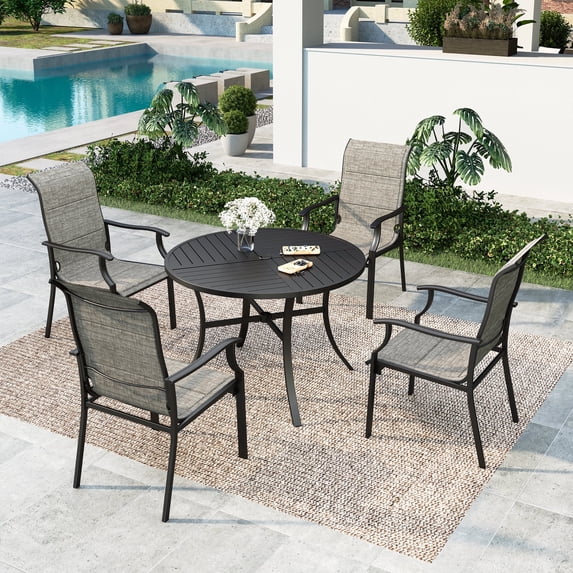 SUMMIT LIVING 5-Piece Outdoor Patio Dining Set with High-Back Padded Textilene Chairs & Metal Steel Round Table with Umbrella Hole, Black & Tan